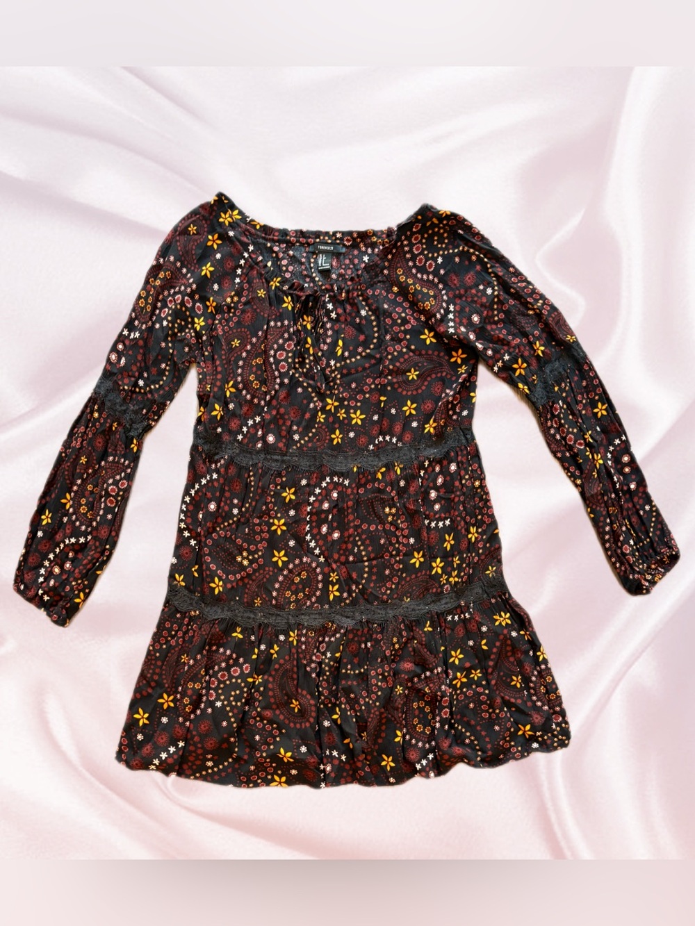Brown Tone Paisley Long Sleeve Dress